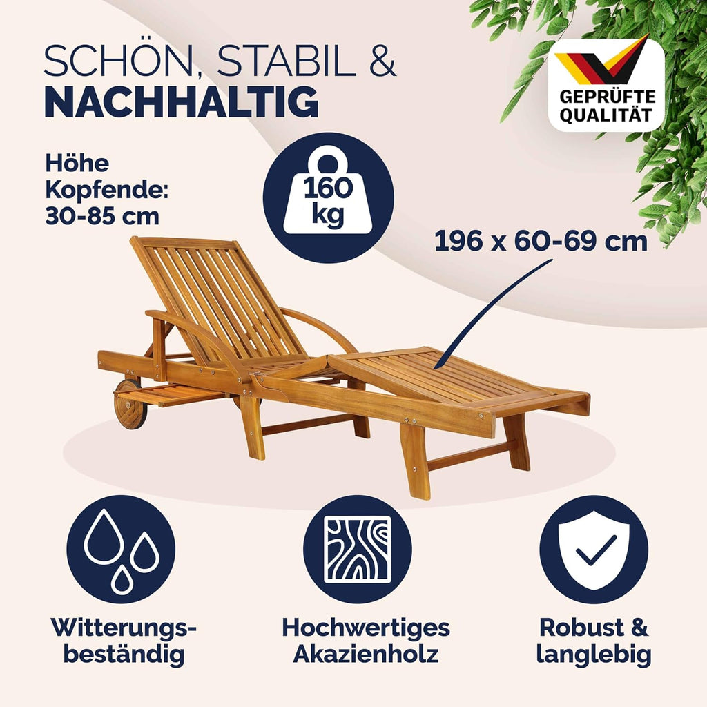 Casaria Sonnenliege 2er Set aus Akazienholz, Braun, klappbare Gartenliege mit Rädern & Ausziehtisch, 195 x 59 cm