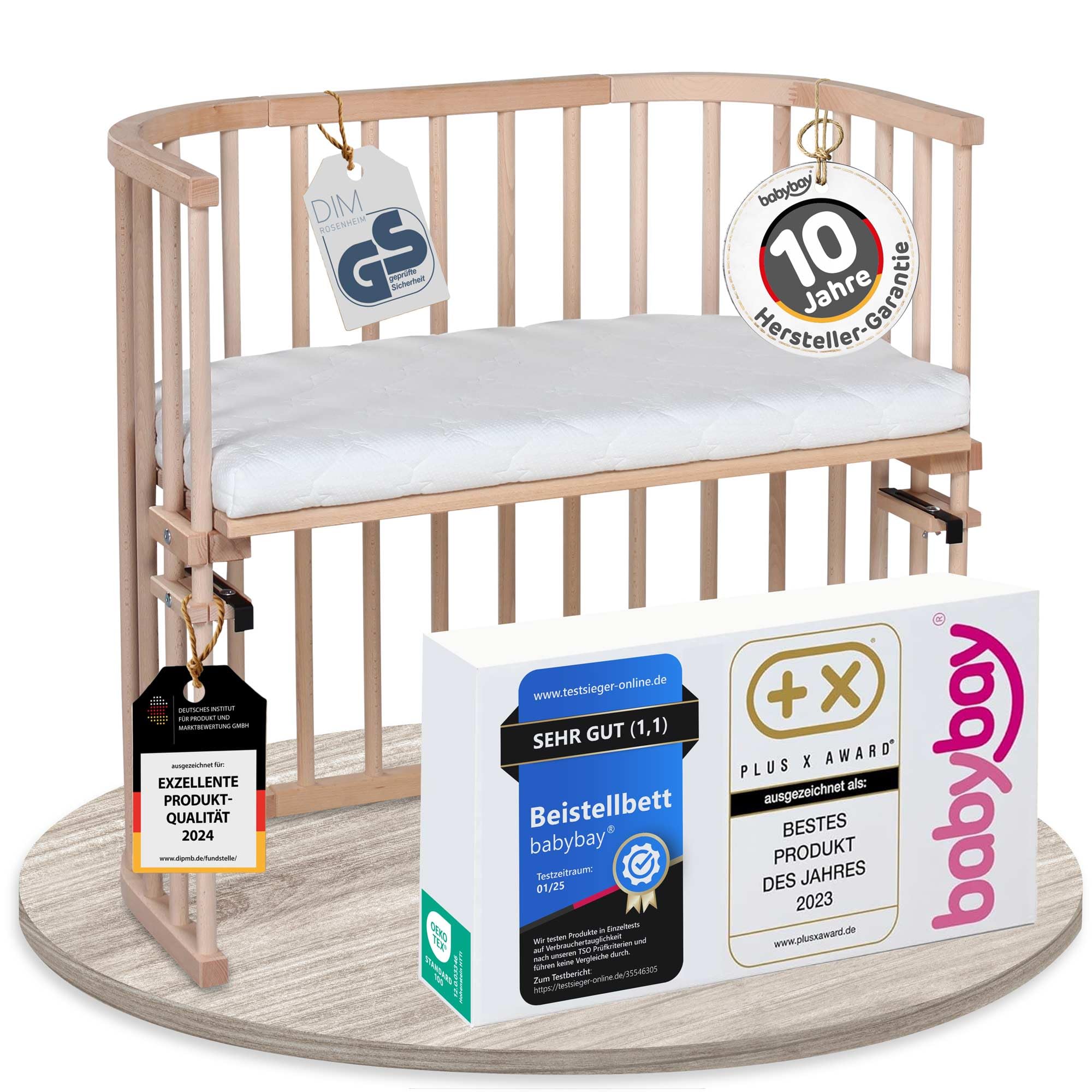 babybay Original Beistellbett aus massivem Buchenholz mit Matratze, höhenverstellbares Babybett für Neugeborene