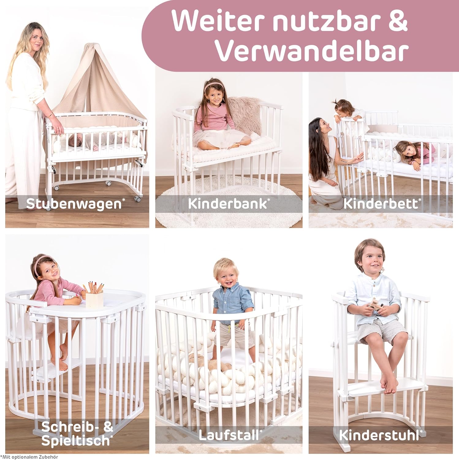 babybay Original Beistellbett aus massivem Buchenholz mit Matratze, höhenverstellbares Babybett für Neugeborene