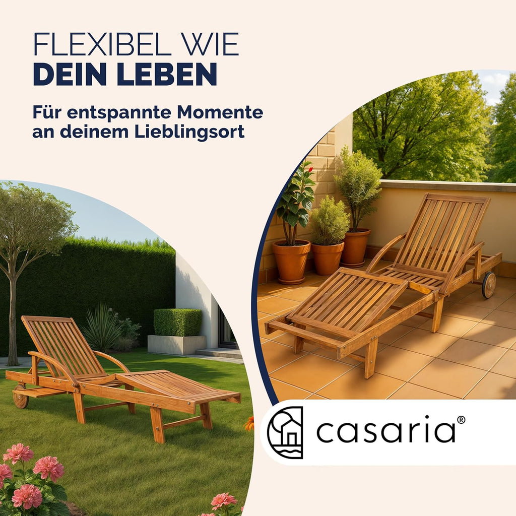 Casaria Sonnenliege 2er Set Akazienholz Braun – Klappbare Gartenliege mit Rädern, Ausziehtisch & verstellbarer Rückenlehne
