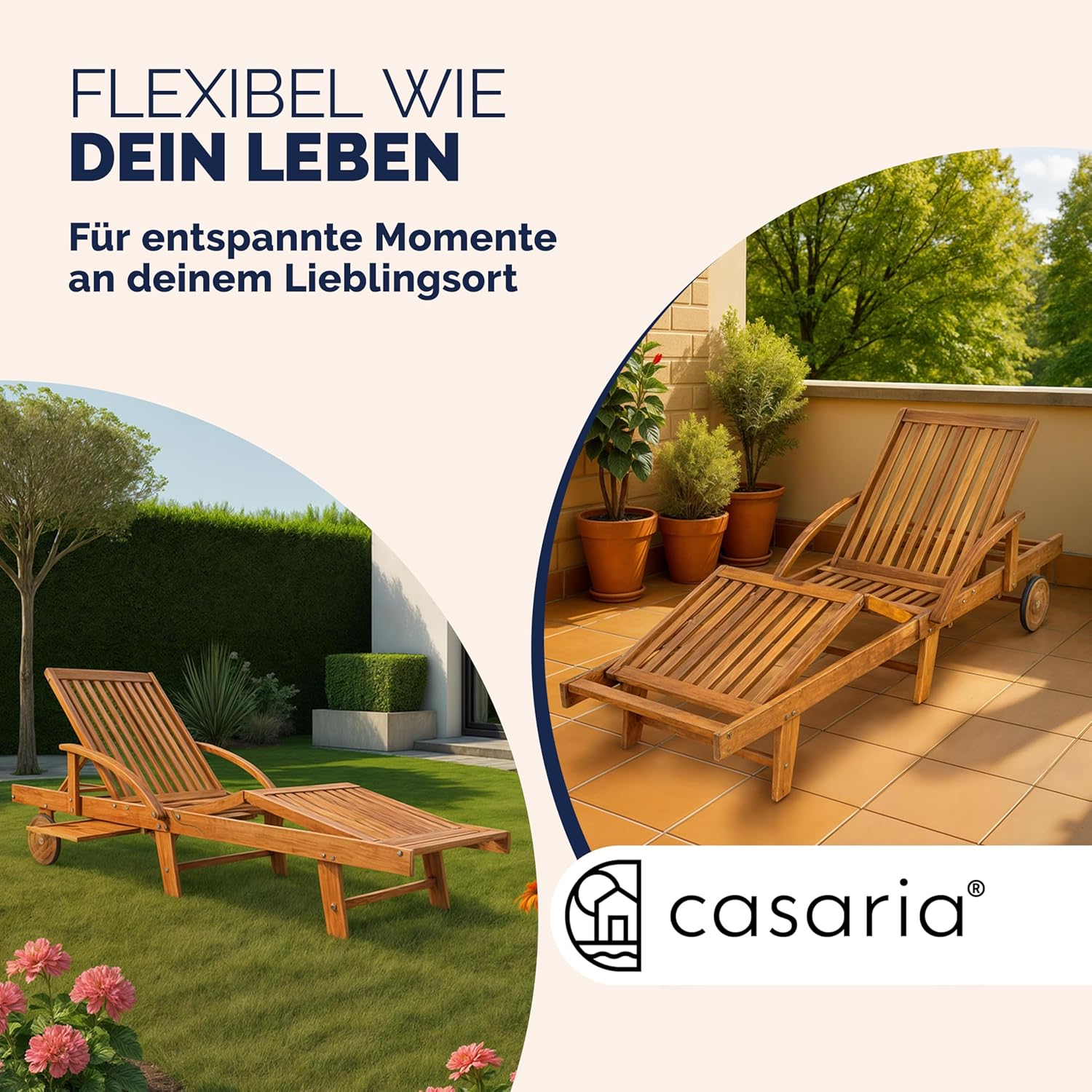 Casaria Sonnenliege 2er Set Akazienholz Braun – Klappbare Gartenliege mit Rädern, Ausziehtisch & verstellbarer Rückenlehne