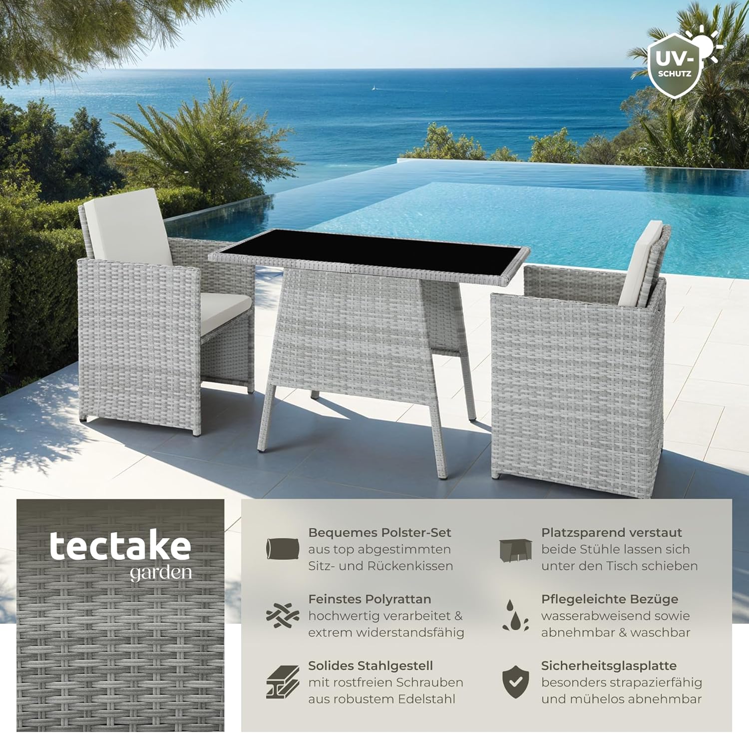 tectake Poly Rattan Balkonmöbel Set für 2 Personen Hellgrau – 2 Sessel & Tisch, Platzsparende Gartenlounge mit Kissen