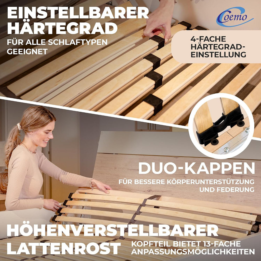 Coemo 7-Zonen Lattenrost 140x200 cm – Verstellbares Kopfteil, 28 Federleisten, 5-fach Härtegrad & Buche-Birken Rahmen bis 140 kg