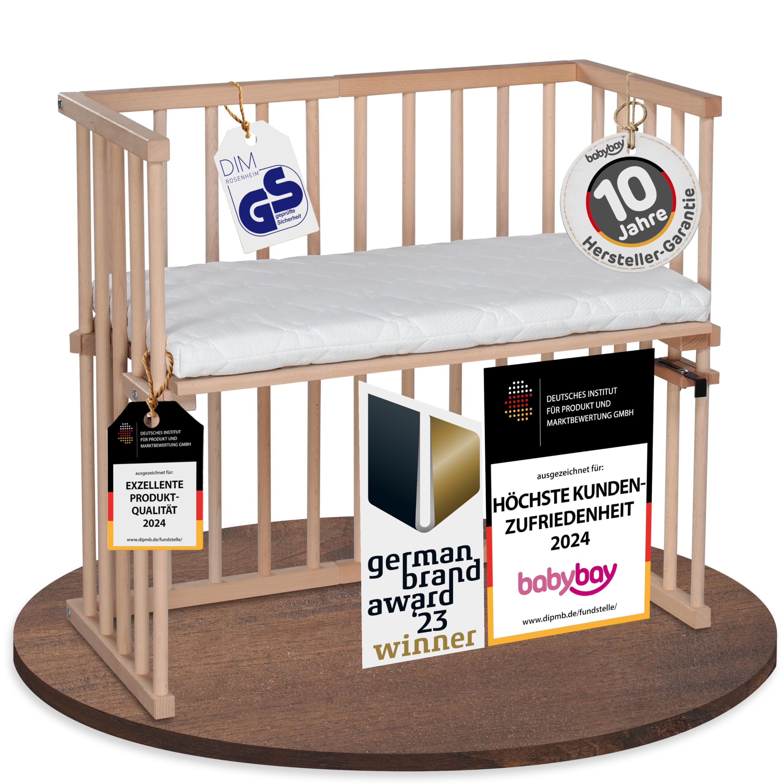 babybay Original Beistellbett aus massivem Buchenholz mit Matratze, höhenverstellbares Babybett für Neugeborene