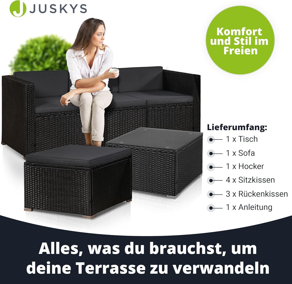 Juskys Polyrattan Lounge Set Punta Cana für 3–4 Personen – Gartenmöbel Set mit Sofa, Hocker, Tisch & Kissen