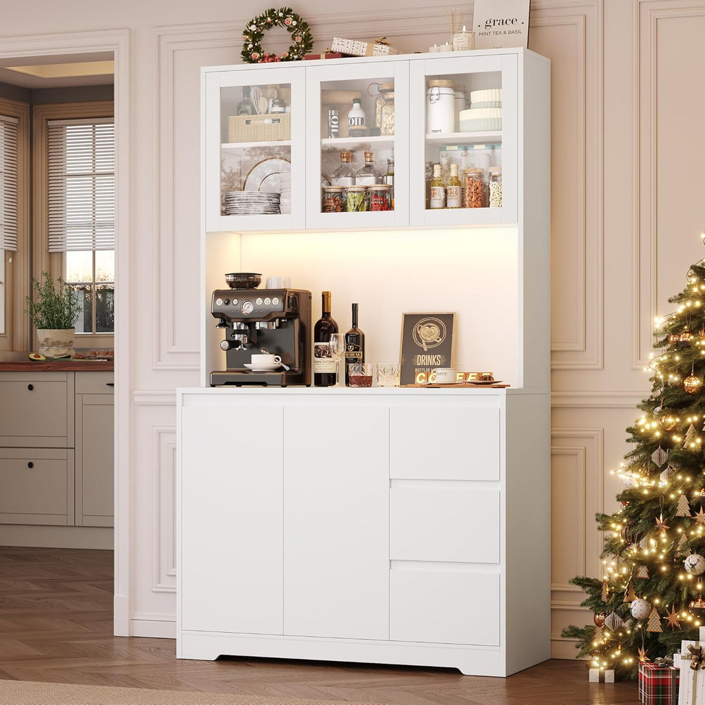 FirFurd Küchenschrank Weiß 180 cm mit LED & Steckdose – Buffetschrank mit Arbeitsplatte, Glastüren & 3 Schubladen