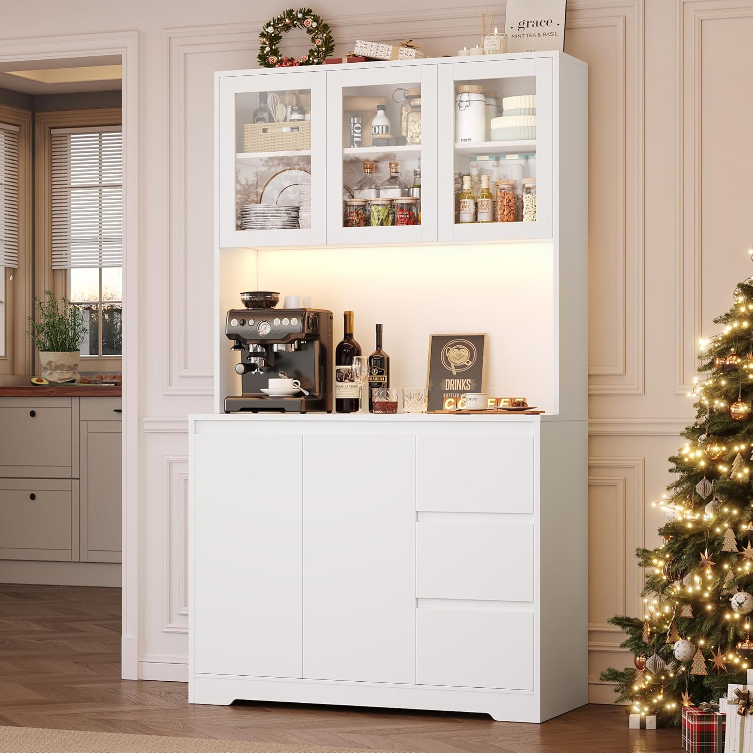 FirFurd Küchenschrank Weiß 180 cm mit LED & Steckdose – Buffetschrank mit Arbeitsplatte, Glastüren & 3 Schubladen