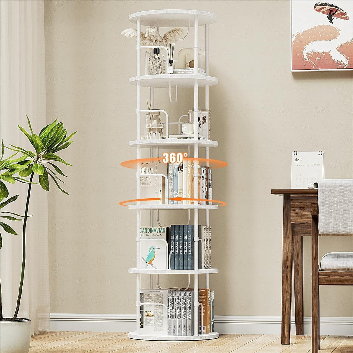 360° drehbares Bücherregal mit 5 Ebenen, Standregal aus MDF & Metall, rundes Regal für bis zu 100 Bücher
