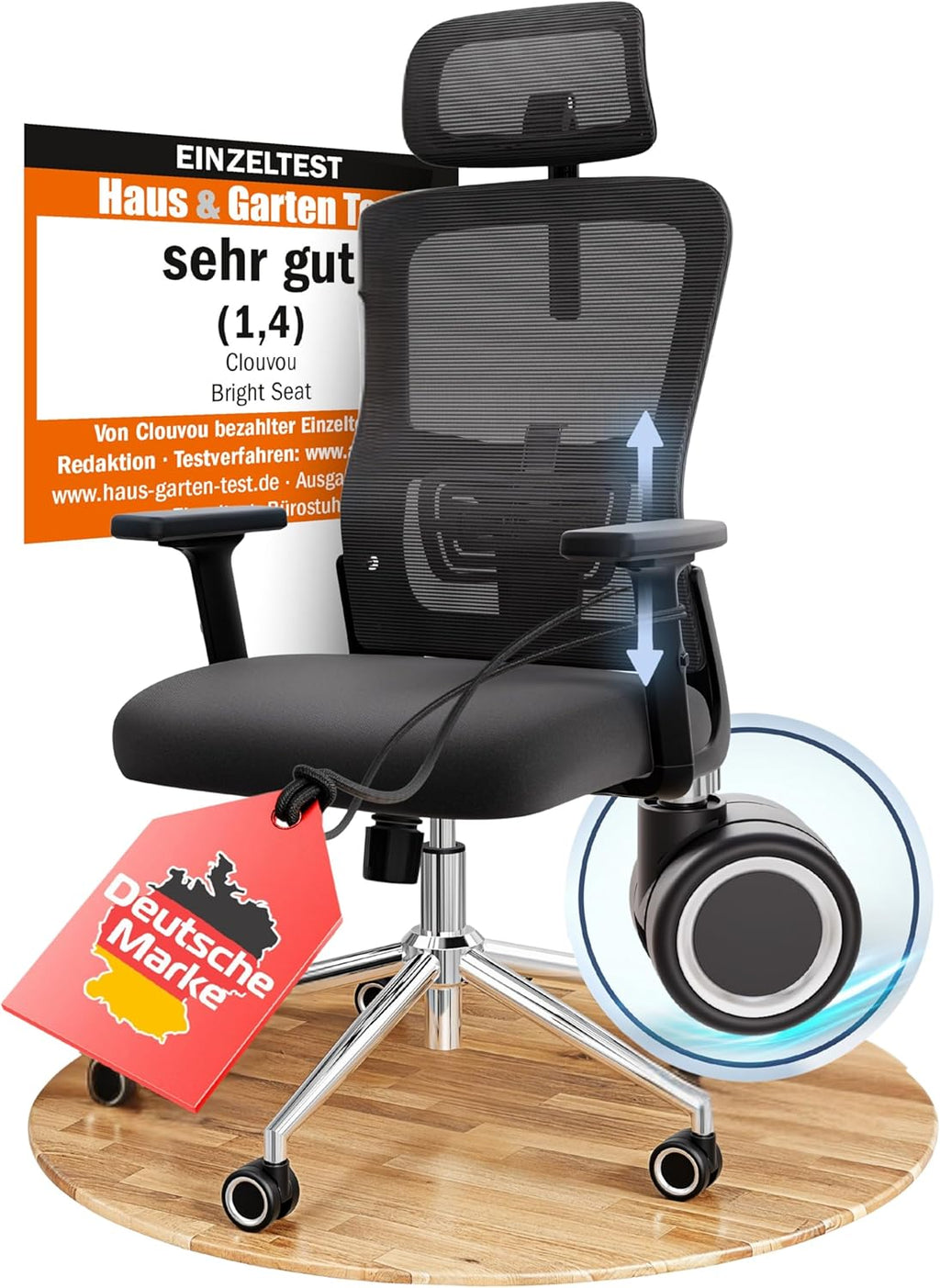 CLOUVOU BrightSeat Ergonomischer Bürostuhl Schwarz bis 150 kg – Schreibtischstuhl mit Kopfstütze, Lendenstütze & 2D Armlehnen