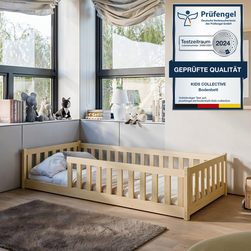 Kids Collective Kinderbett Bodenbett 120x200 cm Bett mit Rausfallschutz & Lattenrost Montessori Bett Bed Gitterbett Kinder Jugendbett Einzelbett |