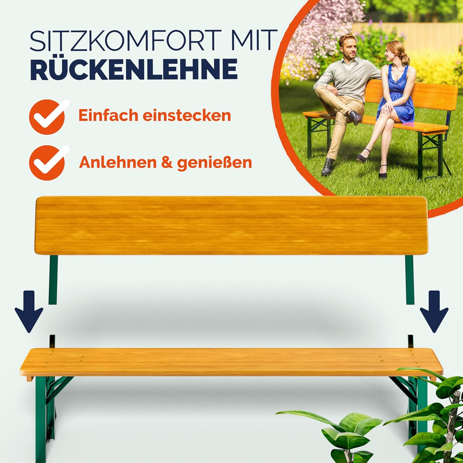 Casaria Bierzeltgarnitur 170 cm mit Lehne, 3-teilig aus Holz & Stahl, klappbar, Braun, Tisch mit 2 Bierbänken