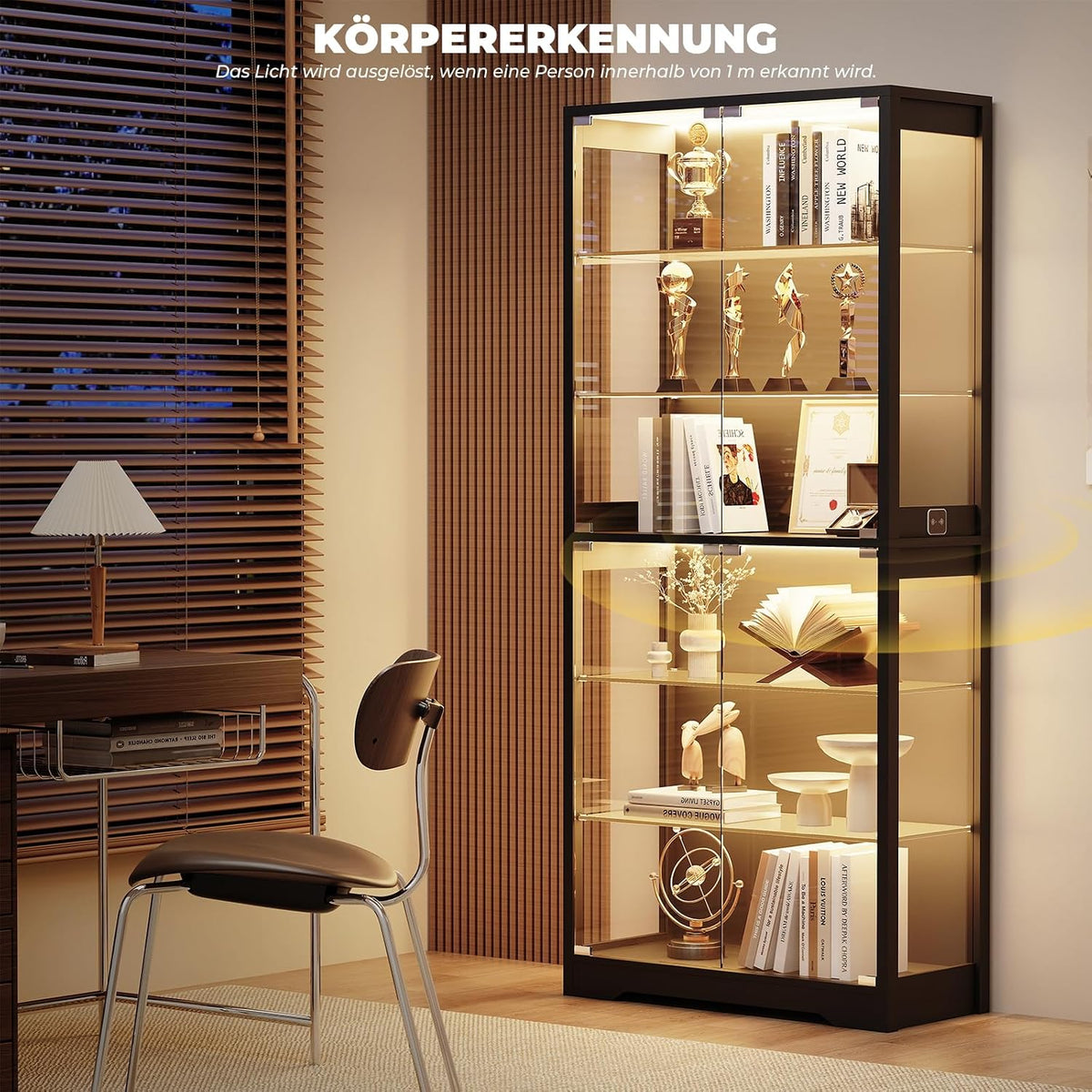 BROTTAR Vitrine mit Glastür, 6-stufige 180cm Vitrine mit 3 Farblichten für Sammlerstücke, Vitrine mit verstellbaren Glasträgern, Körperkensorsensor