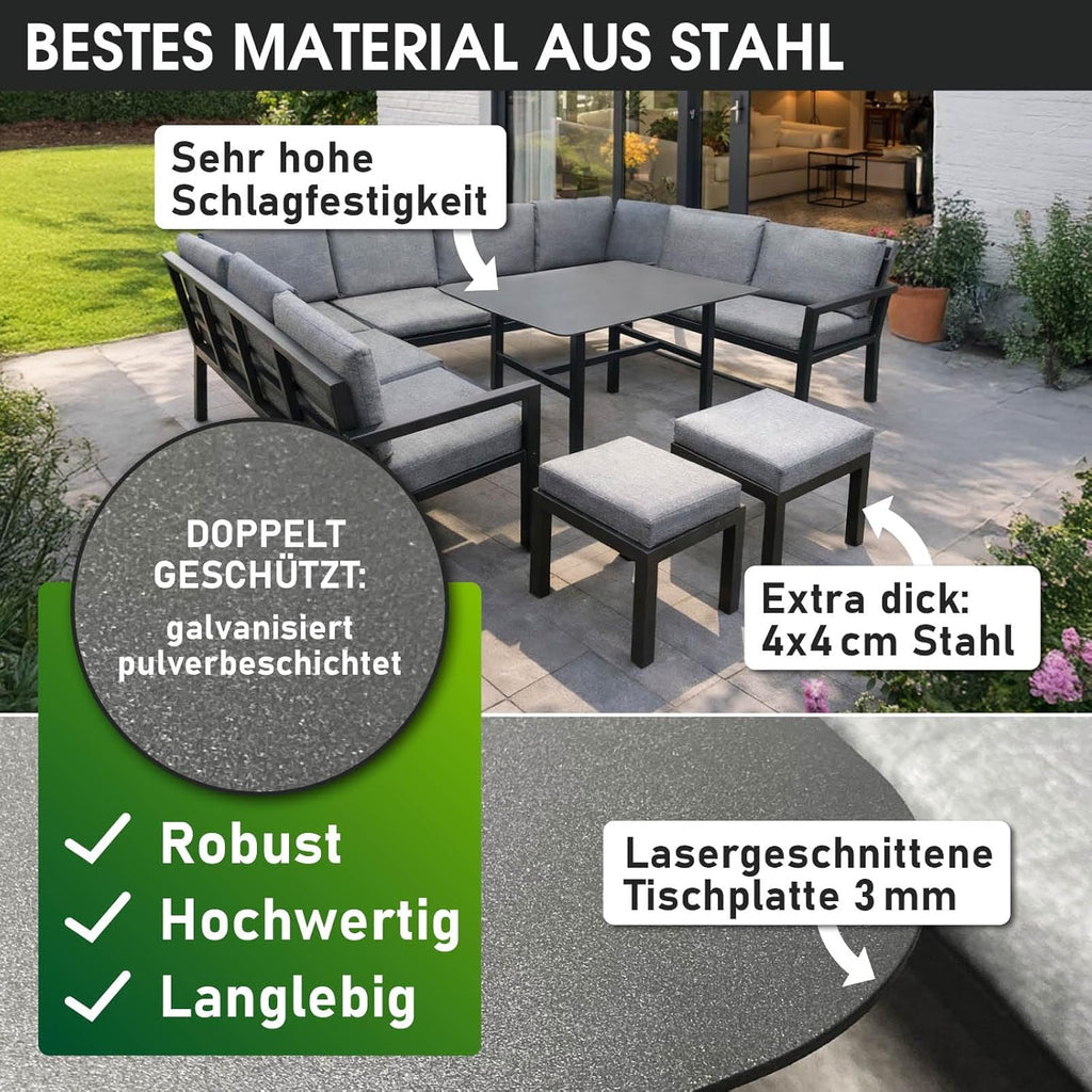 BRAST Madrid Garten Lounge Set 11 Personen Hellgrau – U-Form Outdoor Sitzgruppe mit Esstisch, Sofa & Hockern, Wetterfest