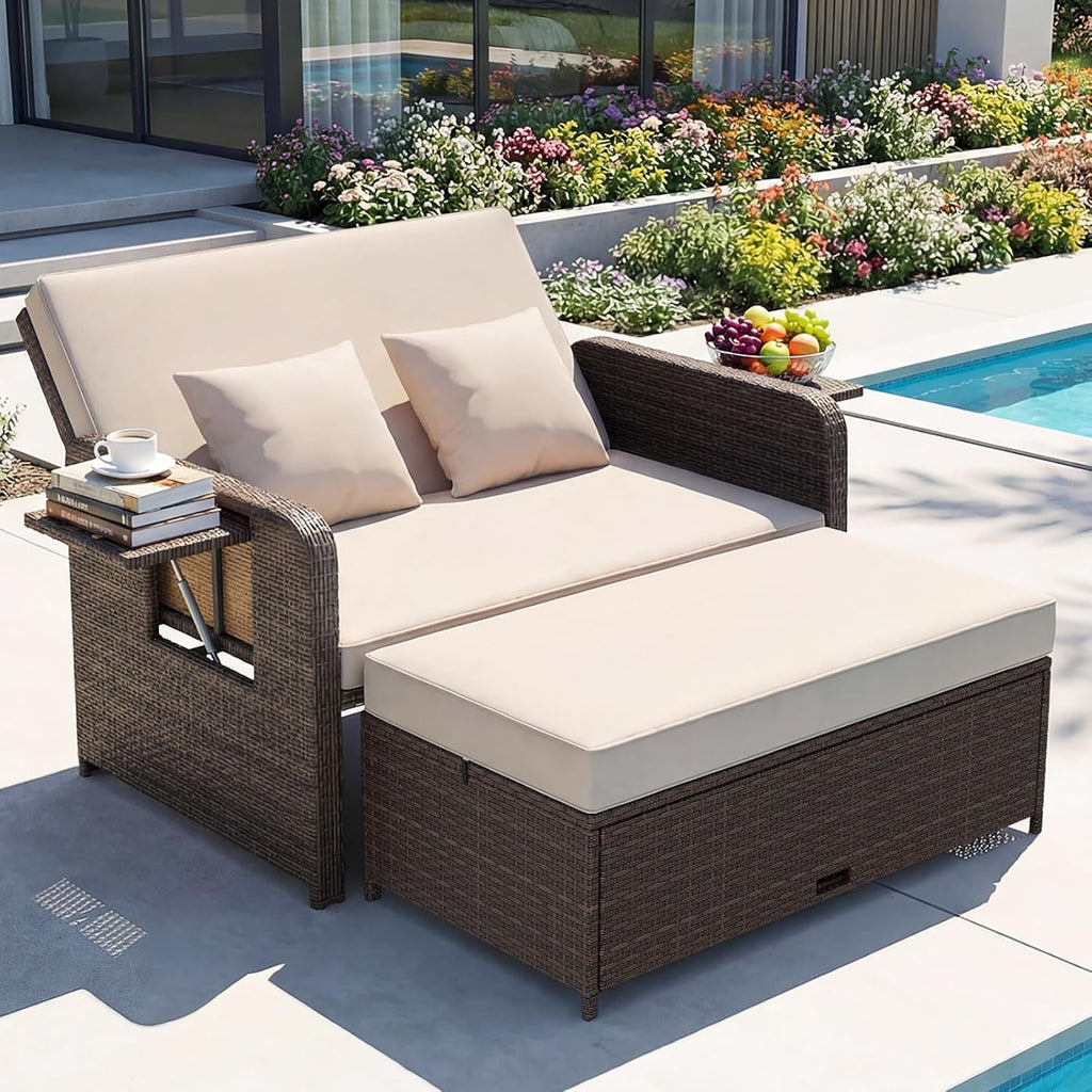 GIANTEX Rattan Lounge Gartenmöbel Set 2-Sitzer mit Doppelliege & Hocker, Outdoor Sofa mit Stauraum, verstellbar für Balkon & Terrasse