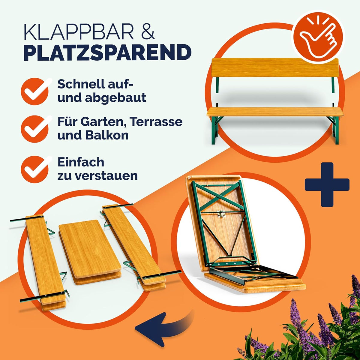 Casaria Bierzeltgarnitur 170 cm mit Lehne, 3-teilig aus Holz & Stahl, klappbar, Braun, Tisch mit 2 Bierbänken
