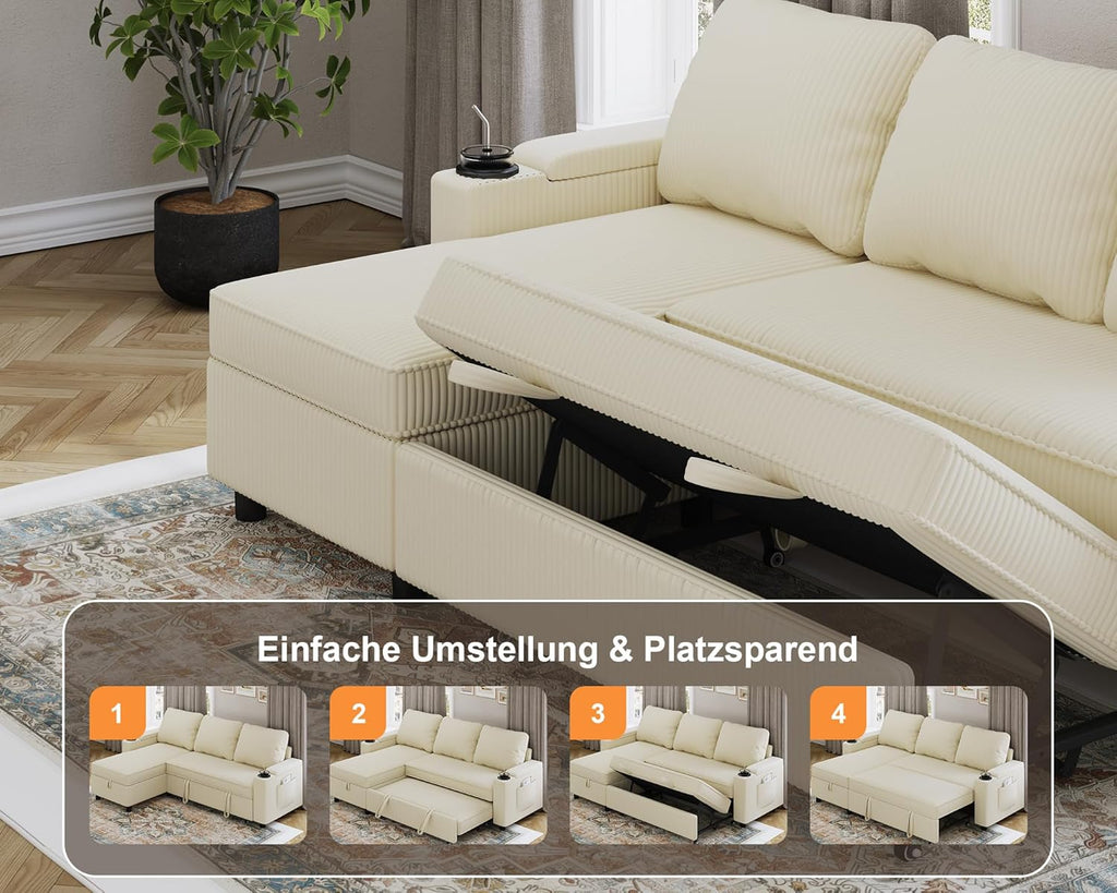 Devoko Ecksofa L-Form mit Schlaffunktion & Bettkasten, 3-Sitzer Schlafsofa aus Velours für Wohnzimmer & Gästezimmer
