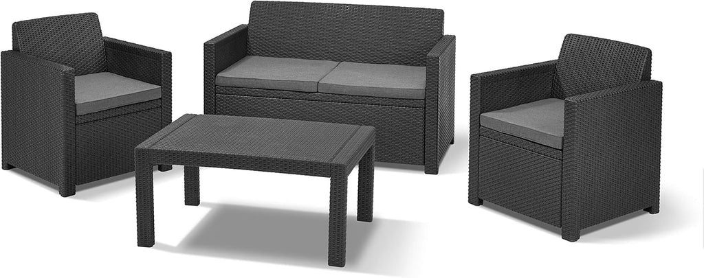 Keter Merano Gartenmöbel Set 4-teilig Grau mit Sitzkissen – Gartenlounge mit Sofa, 2 Sesseln & Tisch für Garten und Terrasse