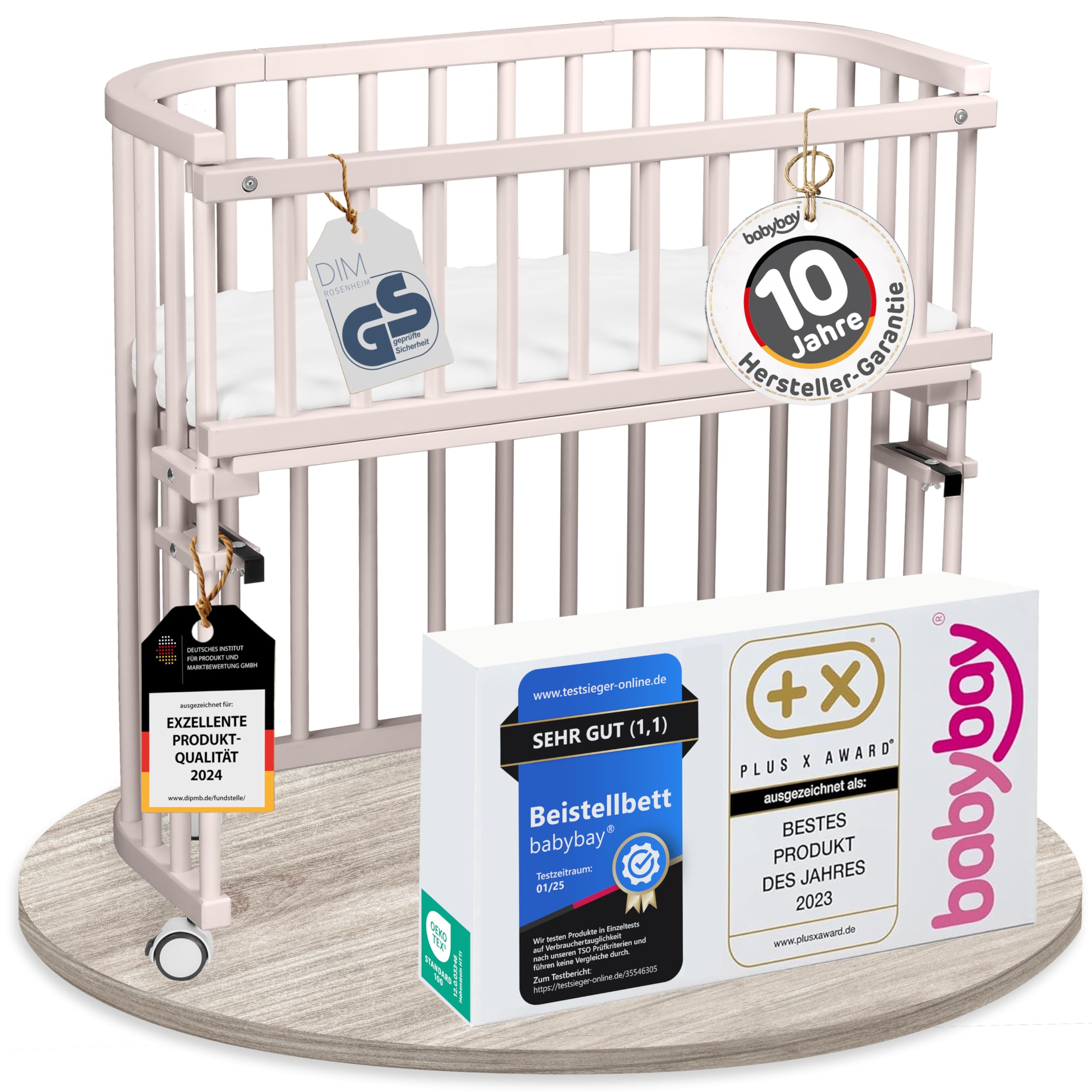 babybay Original Beistellbett aus massivem Buchenholz mit Matratze, höhenverstellbares Babybett für Neugeborene