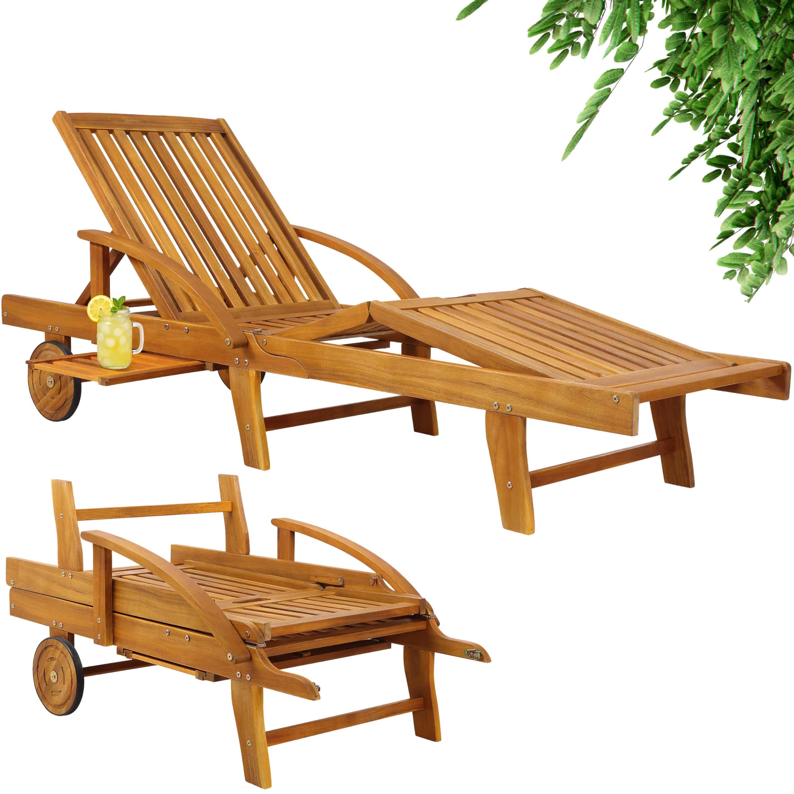 Casaria Sonnenliege 2er Set Akazienholz Braun – Klappbare Gartenliege mit Rädern, Ausziehtisch & verstellbarer Rückenlehne