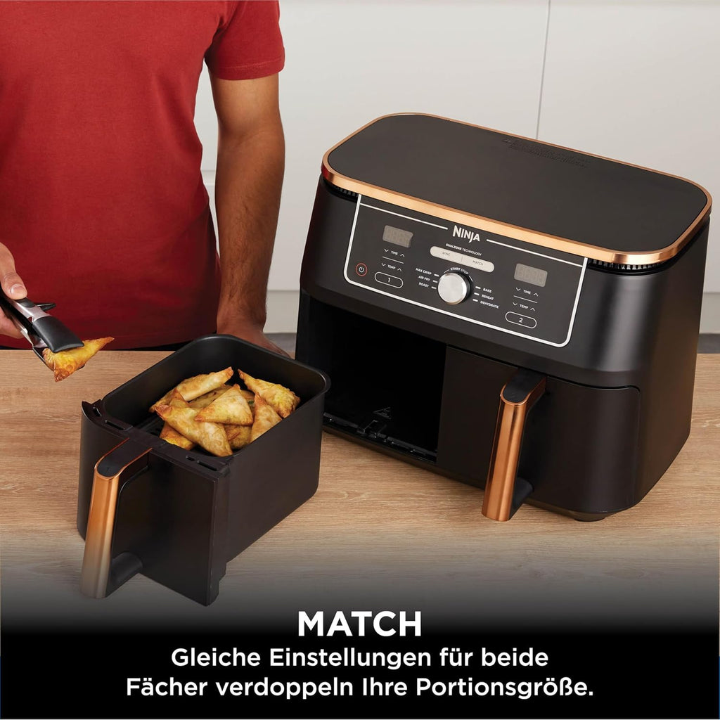 Ninja Foodi MAX Dual Zone Heißluftfritteuse, 9,5L Airfryer, 2 Fächer, mit Zange, Antihaftbeschichtung, spülmaschinenfeste Körbe, 6-in-1
