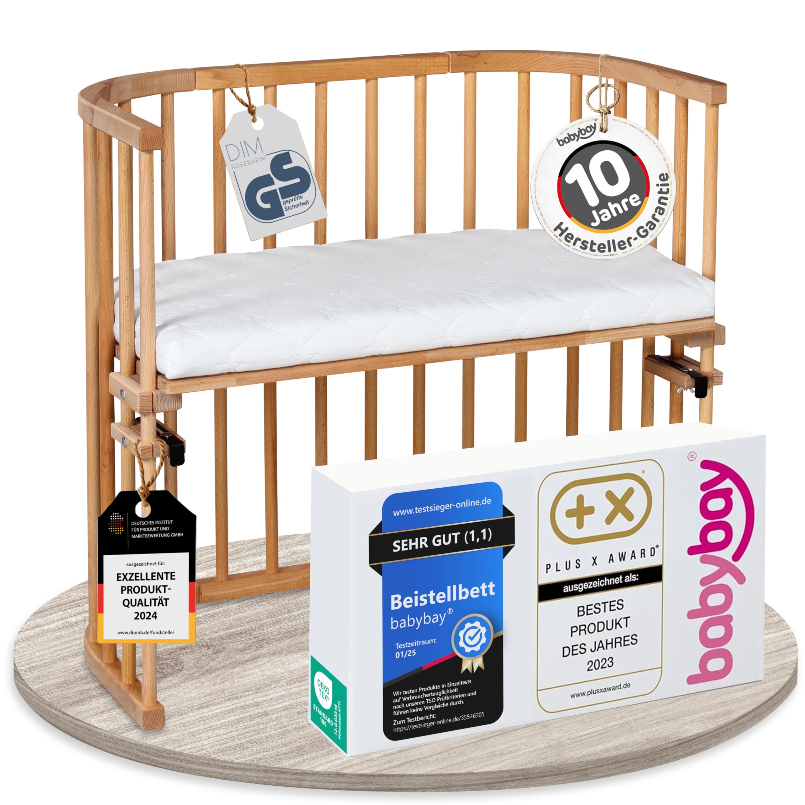 babybay Original Beistellbett aus massivem Buchenholz mit Matratze, höhenverstellbares Babybett für Neugeborene