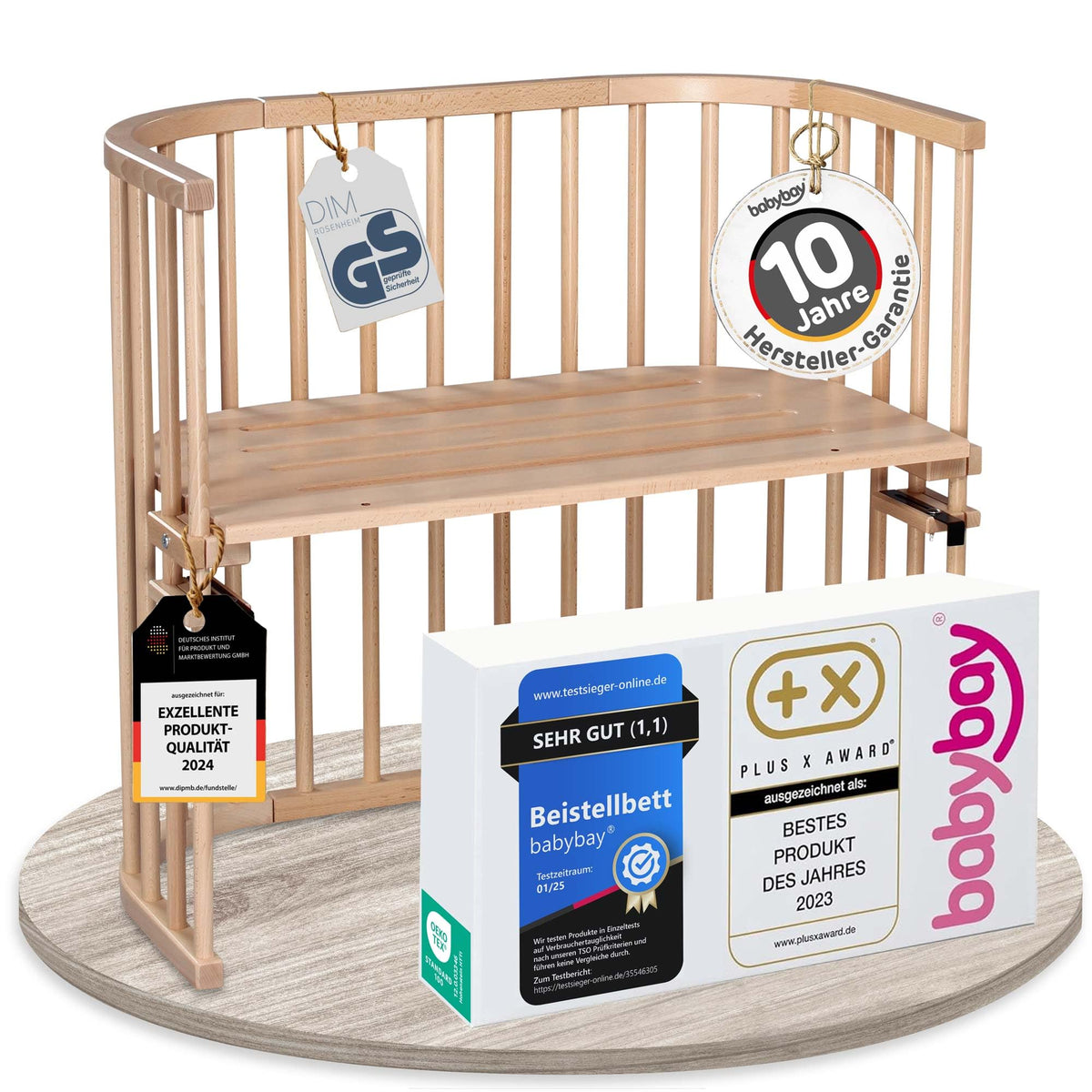 babybay Original Beistellbett aus massivem Buchenholz mit Matratze, höhenverstellbares Babybett für Neugeborene