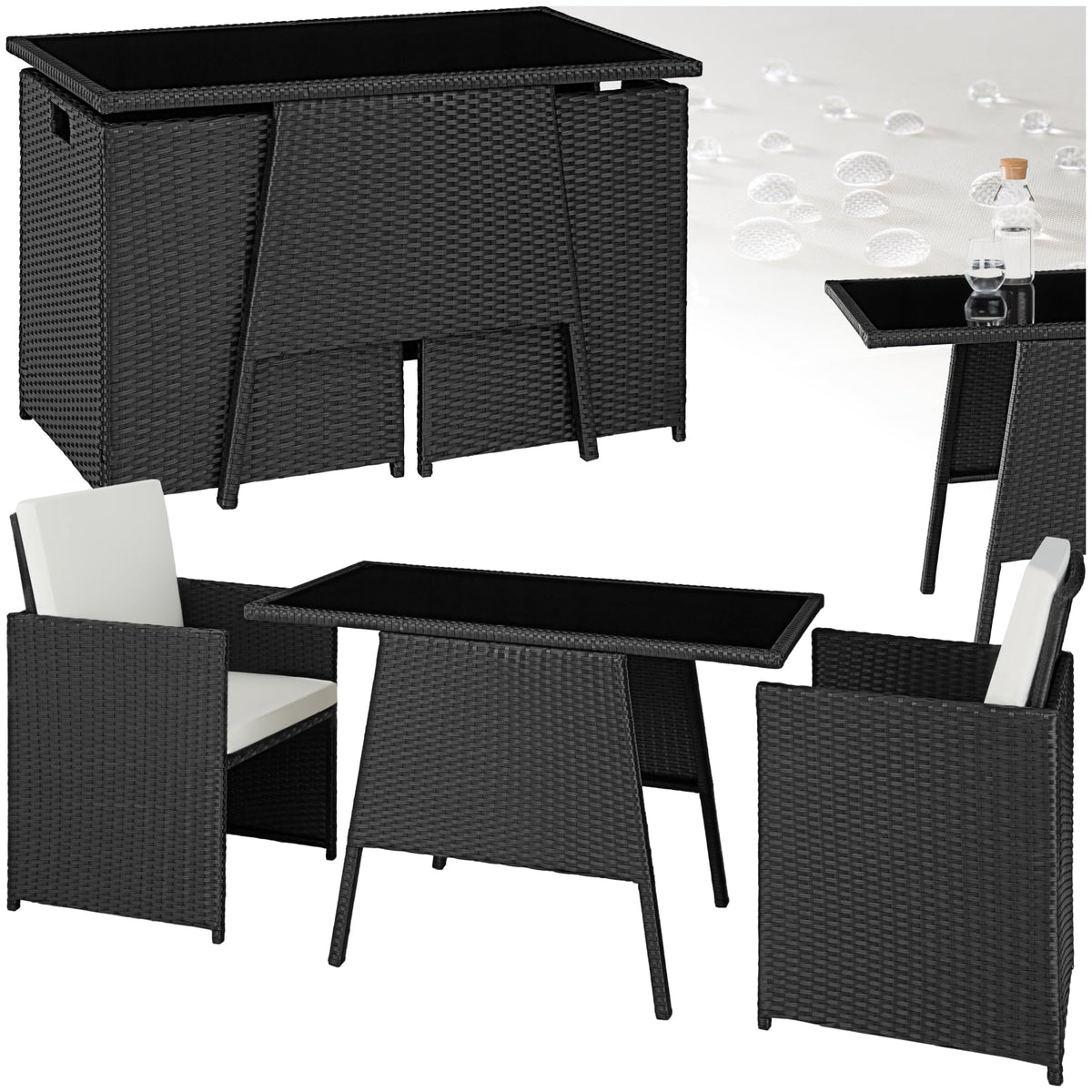 tectake Poly Rattan Balkonmöbel Set für 2 Personen Hellgrau – 2 Sessel & Tisch, Platzsparende Gartenlounge mit Kissen