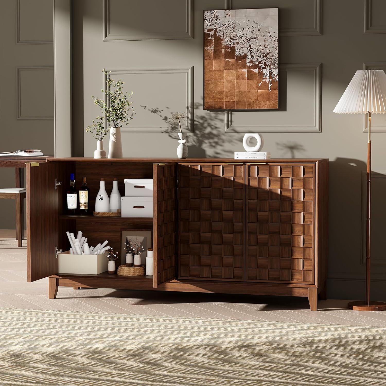 COLAMY Sideboard 150 cm Holz mit Stauraum – Modernes Sideboard für Wohnzimmer, Küchenschrank mit verstellbaren Einlegeböden, Buffet Schrank mit 3D