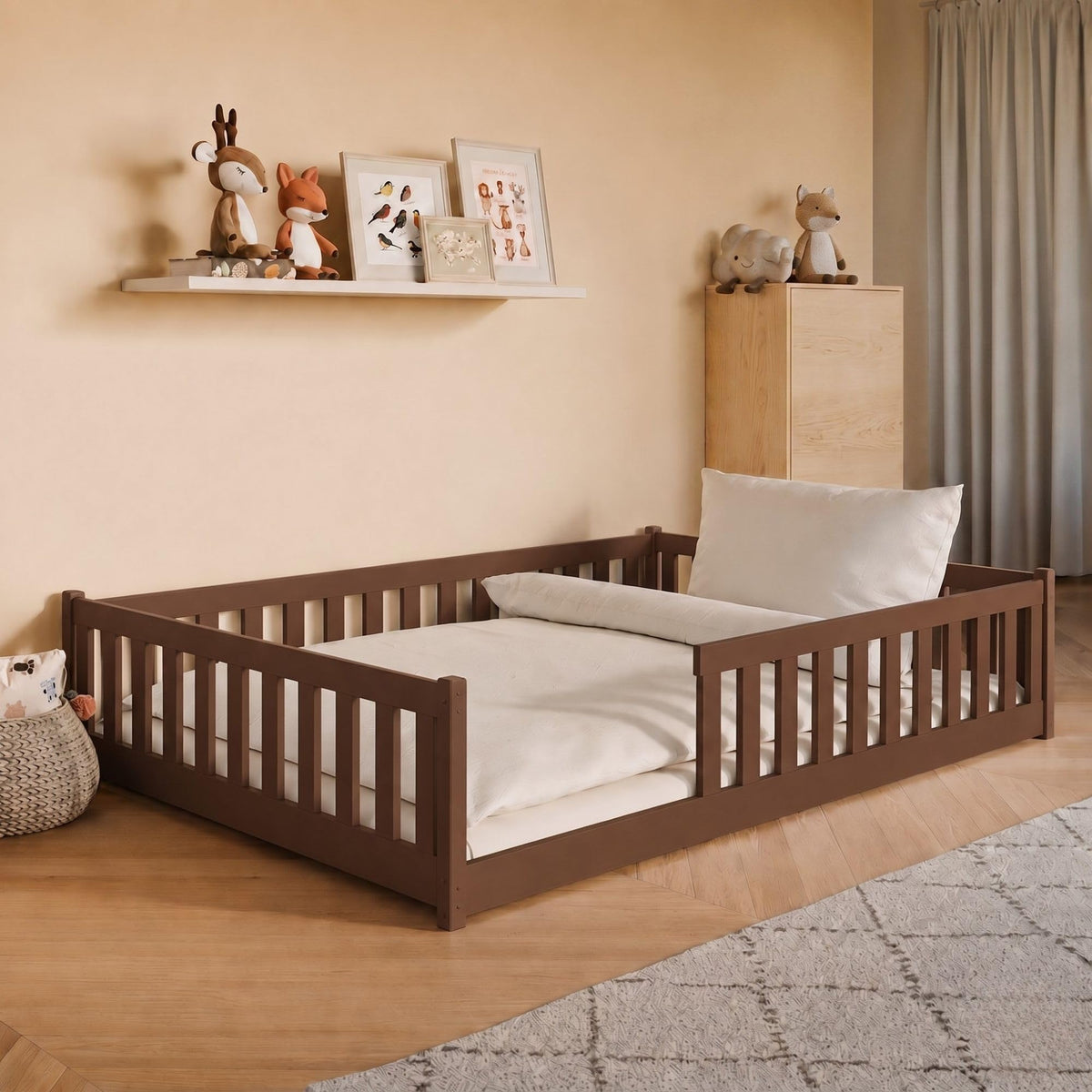 Kids Collective Kinderbett Bodenbett 120x200 cm Bett mit Rausfallschutz & Lattenrost Montessori Bett Bed Gitterbett Kinder Jugendbett Einzelbett |