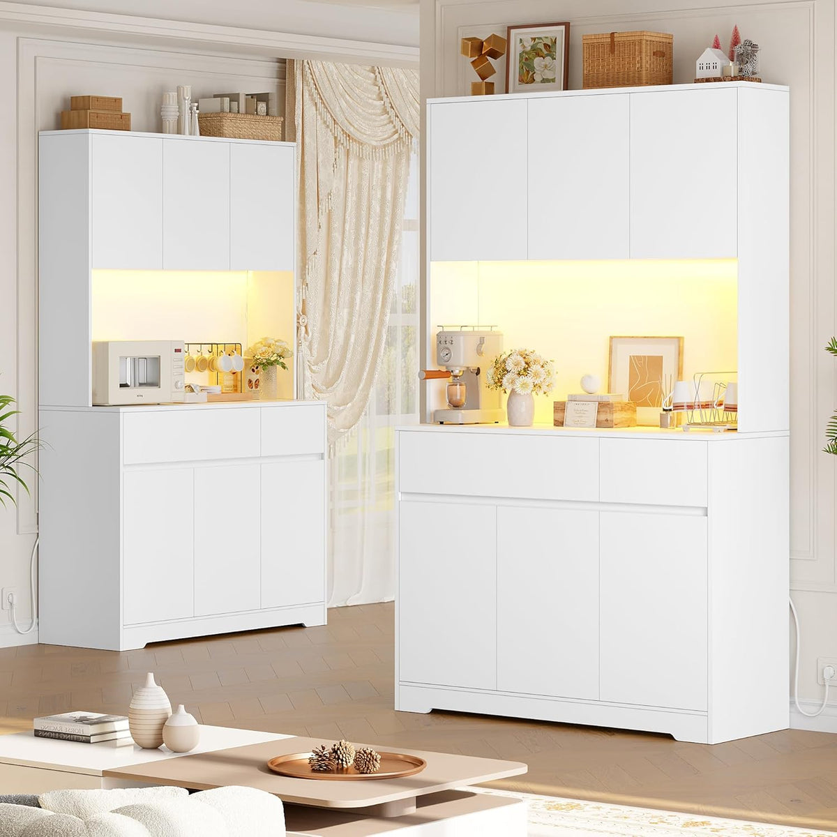 FirFurd Küchenschrank Buffetschrank Weiß 180x100x38,5 cm – Sideboard mit LED, Steckdose, Arbeitsplatte, Türen & Schubladen
