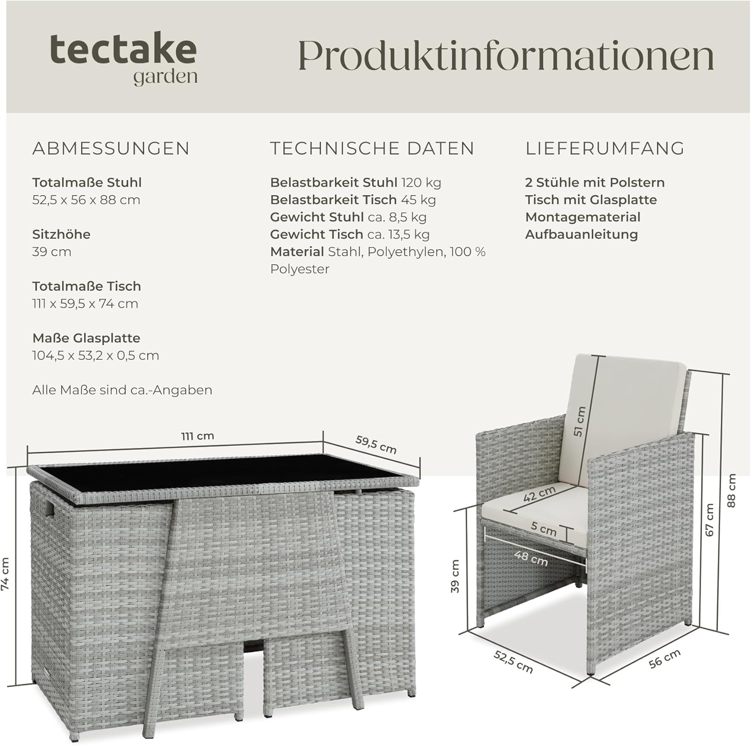 tectake Poly Rattan Balkonmöbel Set für 2 Personen Hellgrau – 2 Sessel & Tisch, Platzsparende Gartenlounge mit Kissen