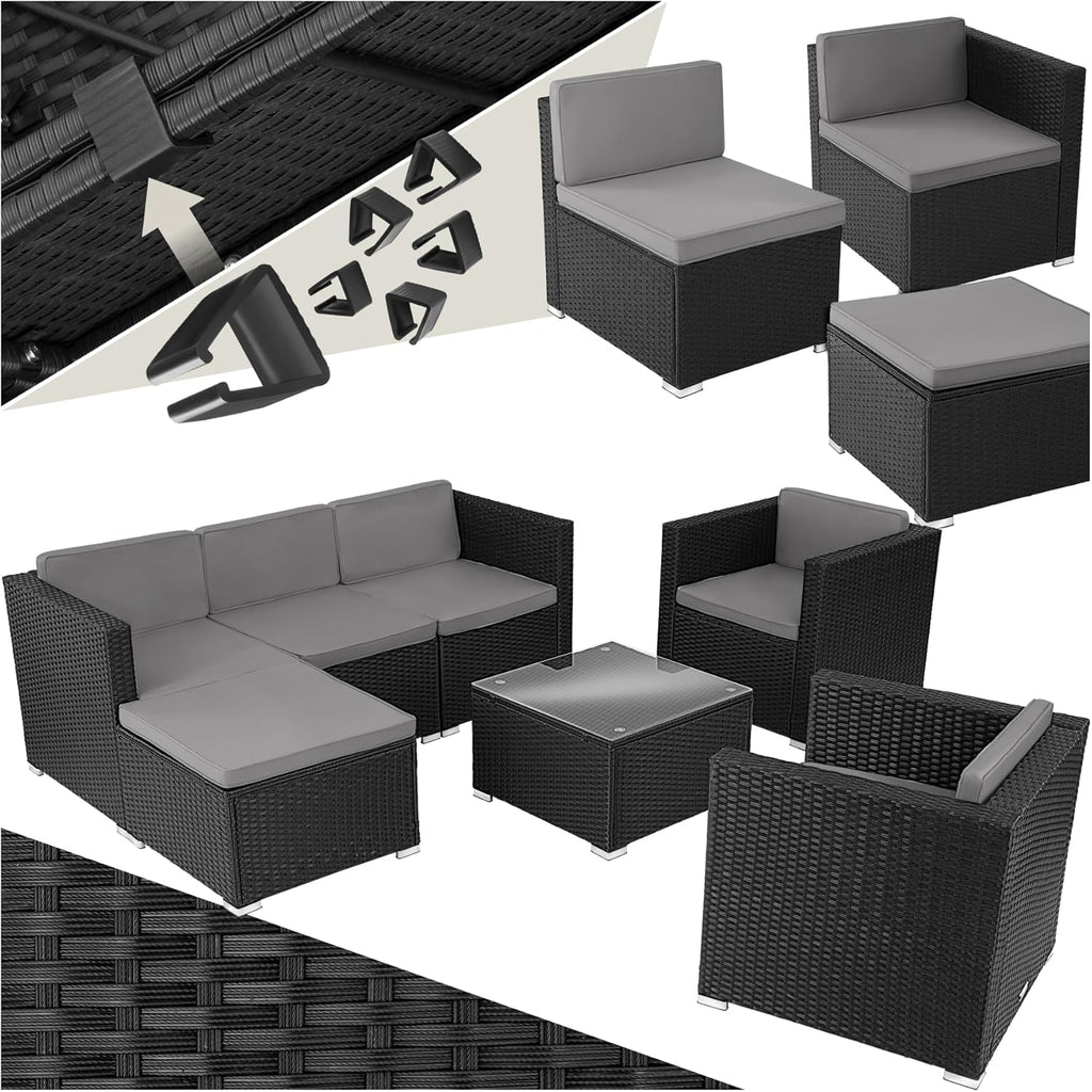 tectake Gartenmöbel Set Poly Rattan mit Sofa, Sesseln, Hocker & Tisch, modulare Gartenlounge wetterfest für Garten, Terrasse & Balkon