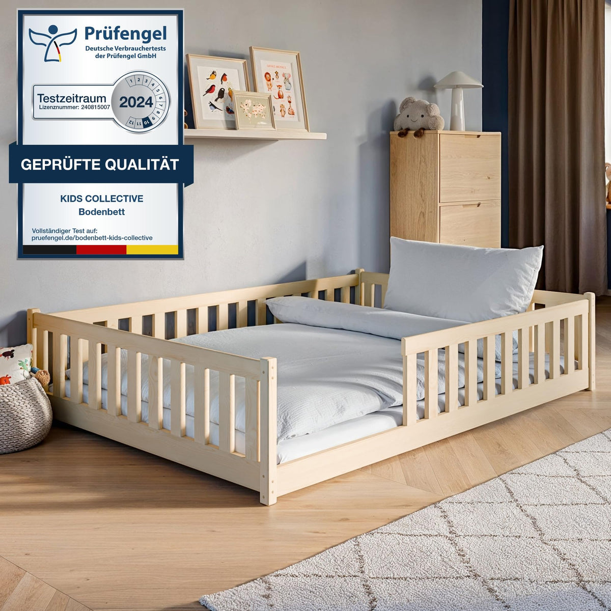 Kids Collective Kinderbett Bodenbett 120x200 cm Bett mit Rausfallschutz & Lattenrost Montessori Bett Bed Gitterbett Kinder Jugendbett Einzelbett |