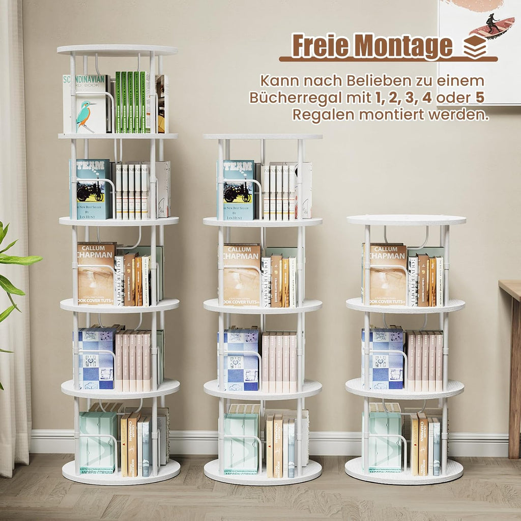 360° drehbares Bücherregal mit 5 Ebenen, Standregal aus MDF & Metall, rundes Regal für bis zu 100 Bücher