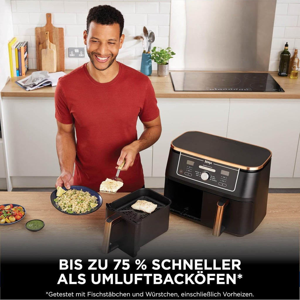 Ninja Foodi MAX Dual Zone Heißluftfritteuse, 9,5L Airfryer, 2 Fächer, mit Zange, Antihaftbeschichtung, spülmaschinenfeste Körbe, 6-in-1