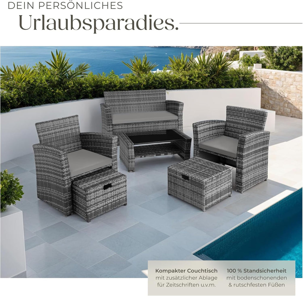 tectake Polyrattan Gartenmöbel Set 4 Personen mit Hocker & Auflagenbox – Garten Lounge Set mit Sofa, Tisch & Kissen für Balkon und Terrasse