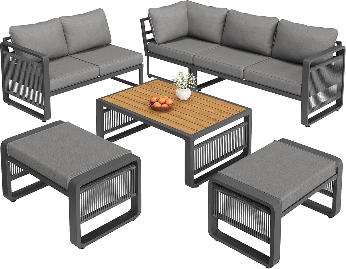 Merax Gartenmöbel Lounge Set Grau für 6–7 Personen, Gartensofa mit Liegefunktion, Ecklounge mit Sitzkissen für Terrasse & Balkon