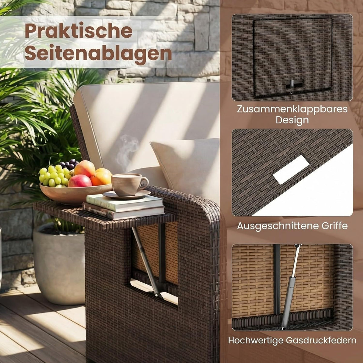 GIANTEX Rattan Lounge Gartenmöbel Set 2-Sitzer mit Doppelliege & Hocker, Outdoor Sofa mit Stauraum, verstellbar für Balkon & Terrasse