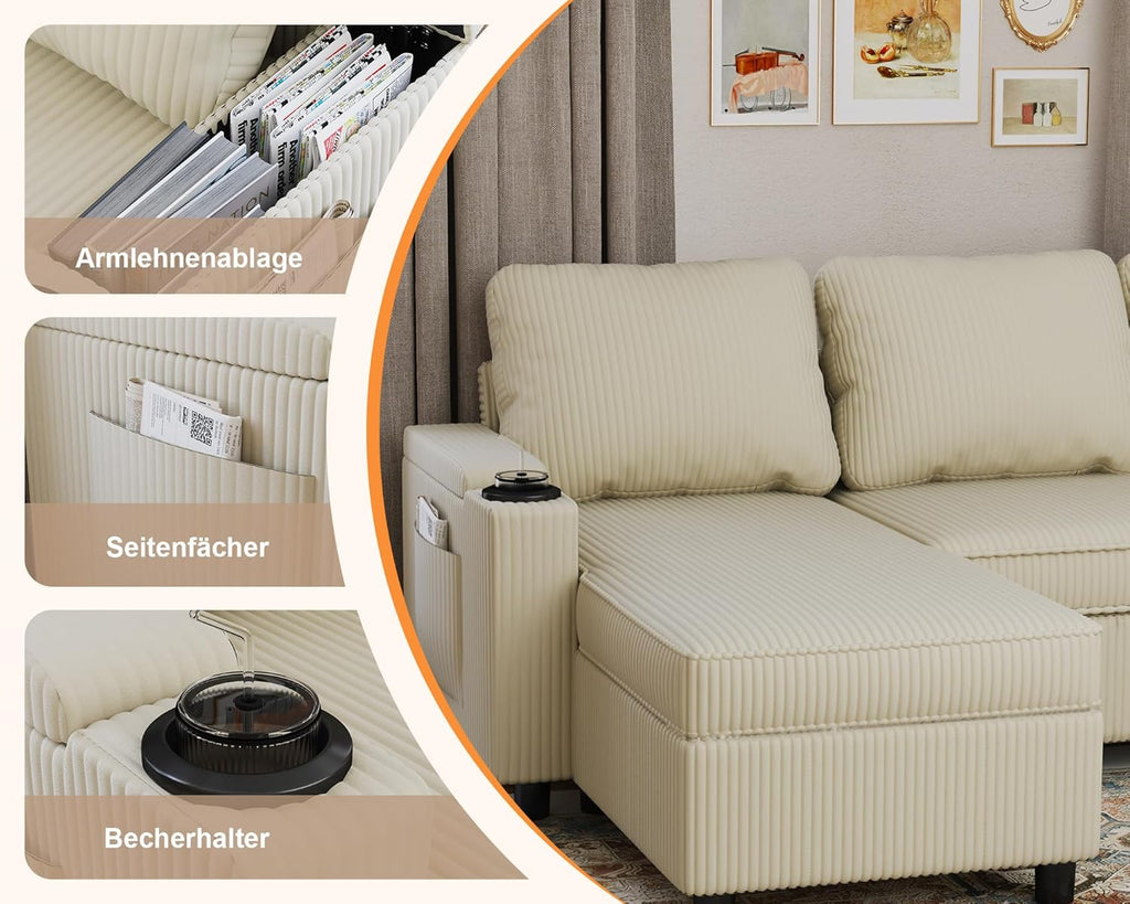 Devoko Ecksofa L-Form mit Schlaffunktion & Bettkasten, 3-Sitzer Schlafsofa aus Velours für Wohnzimmer & Gästezimmer