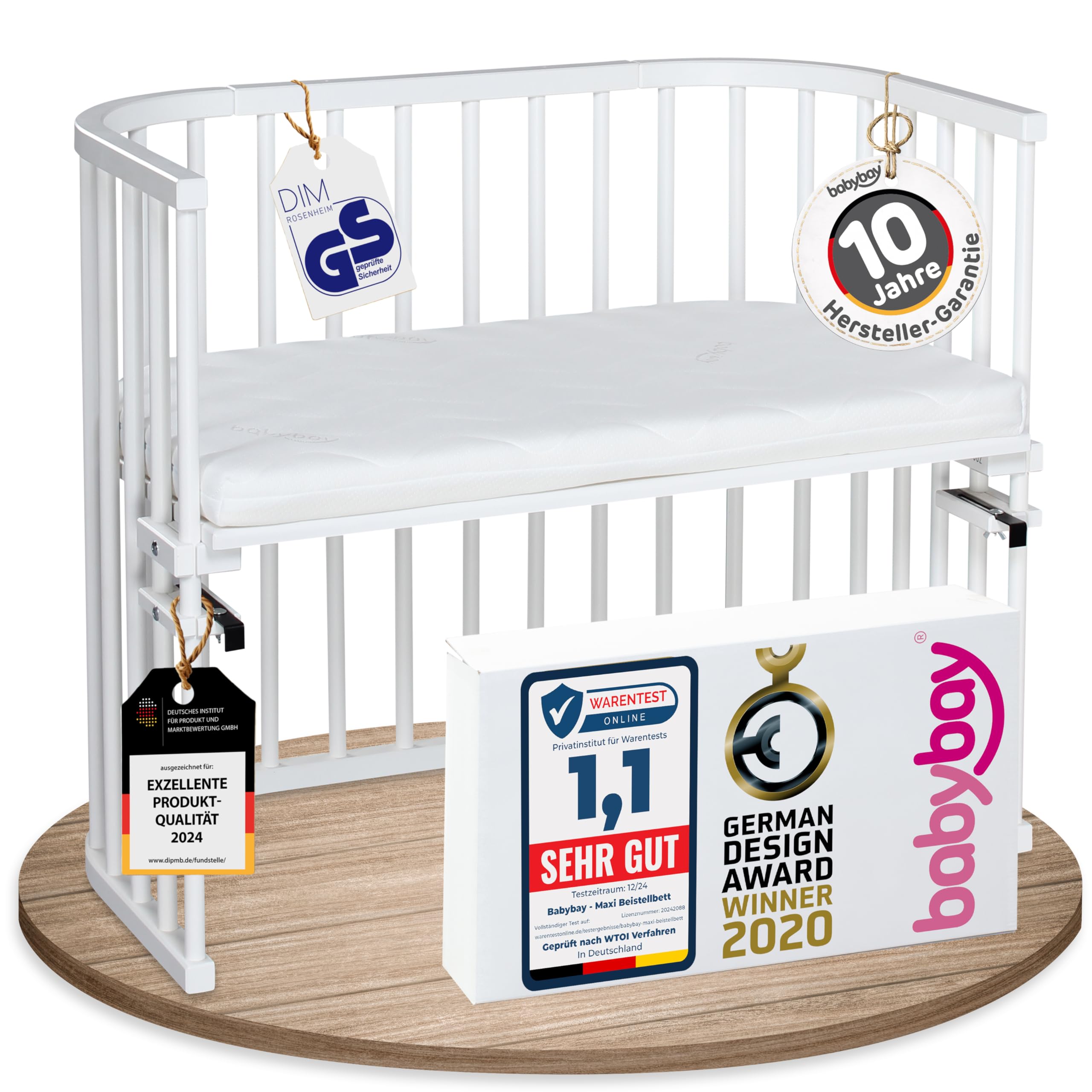 babybay Original Beistellbett aus massivem Buchenholz mit Matratze, höhenverstellbares Babybett für Neugeborene