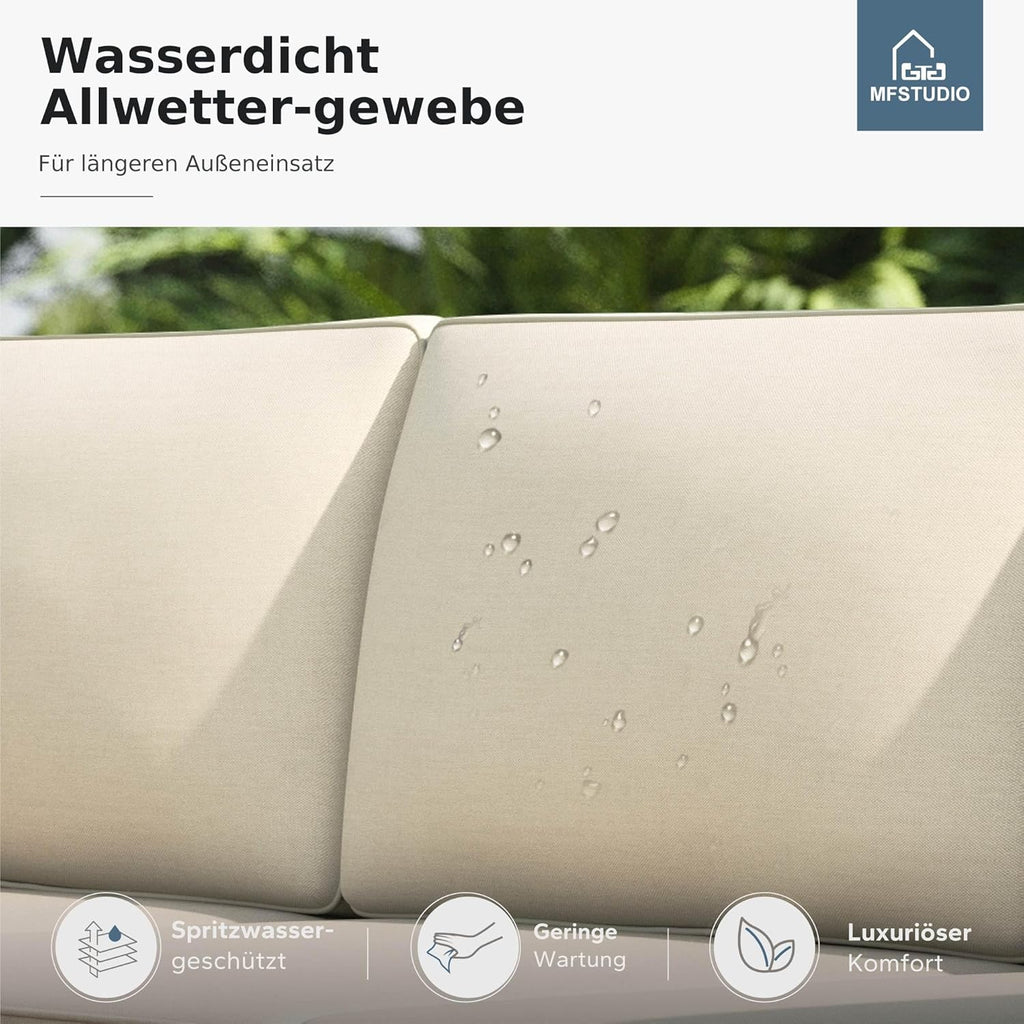 MFSTUDIO Gartenmöbel Set 3-teilig Polyrattan Braun, L-förmige Gartenlounge mit Kissen & Akazienholztisch für 4 Personen