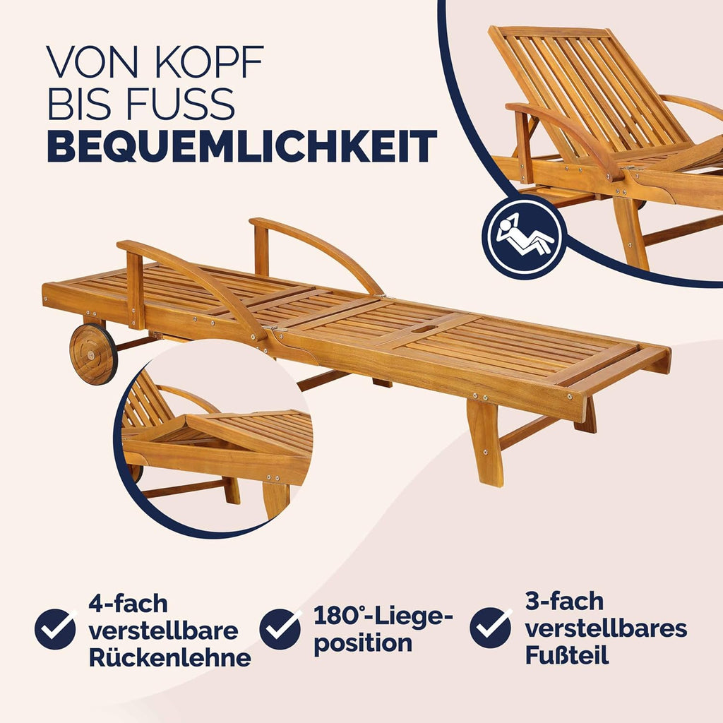 Casaria Sonnenliege 2er Set aus Akazienholz, Braun, klappbare Gartenliege mit Rädern & Ausziehtisch, 195 x 59 cm
