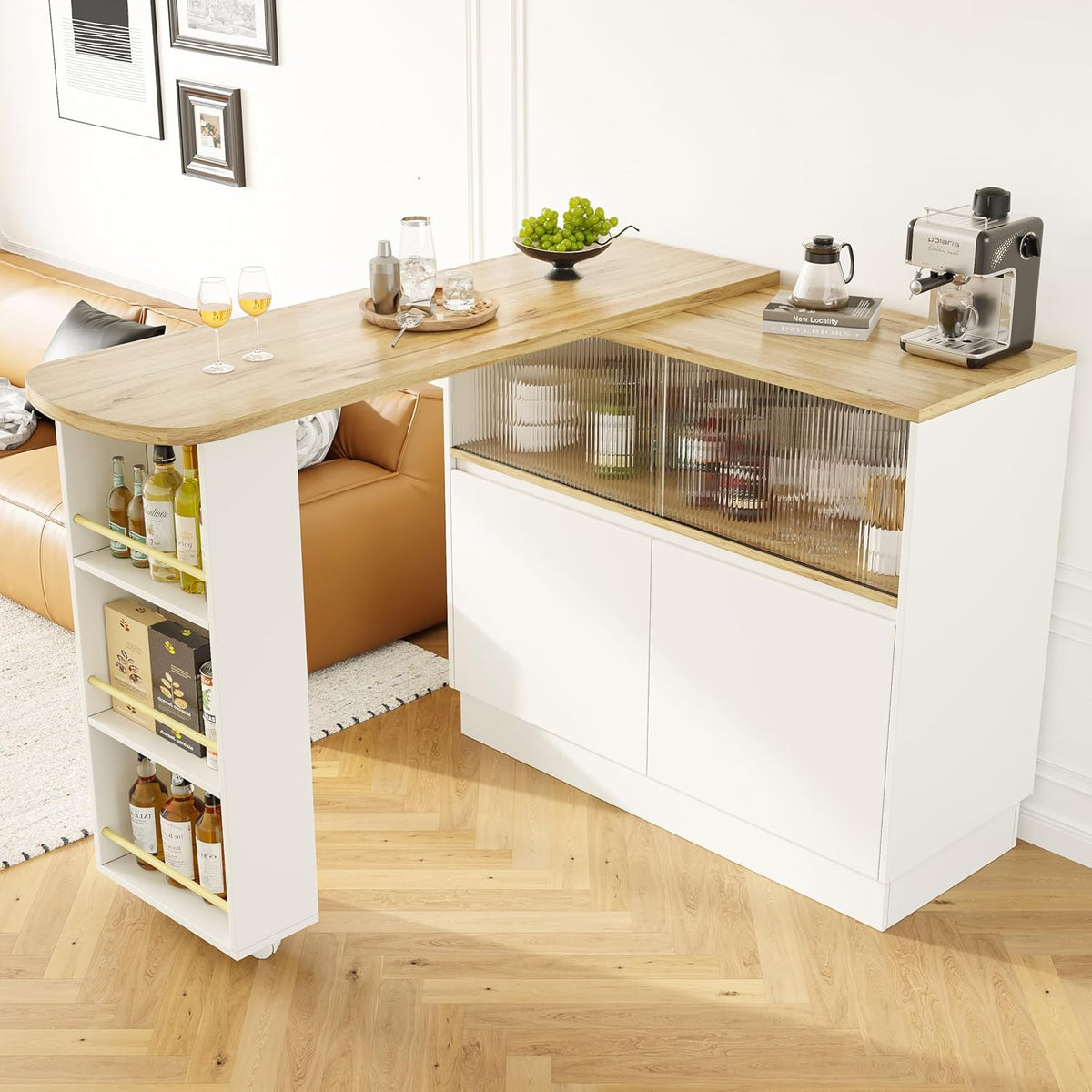 Merax Ausziehbarer Bartisch mit Stauraum, 360° drehbarer Beweglicher Bartisch Küchentheke Kücheninsel Kaffeeecke, mit Offene Ablagefächer
