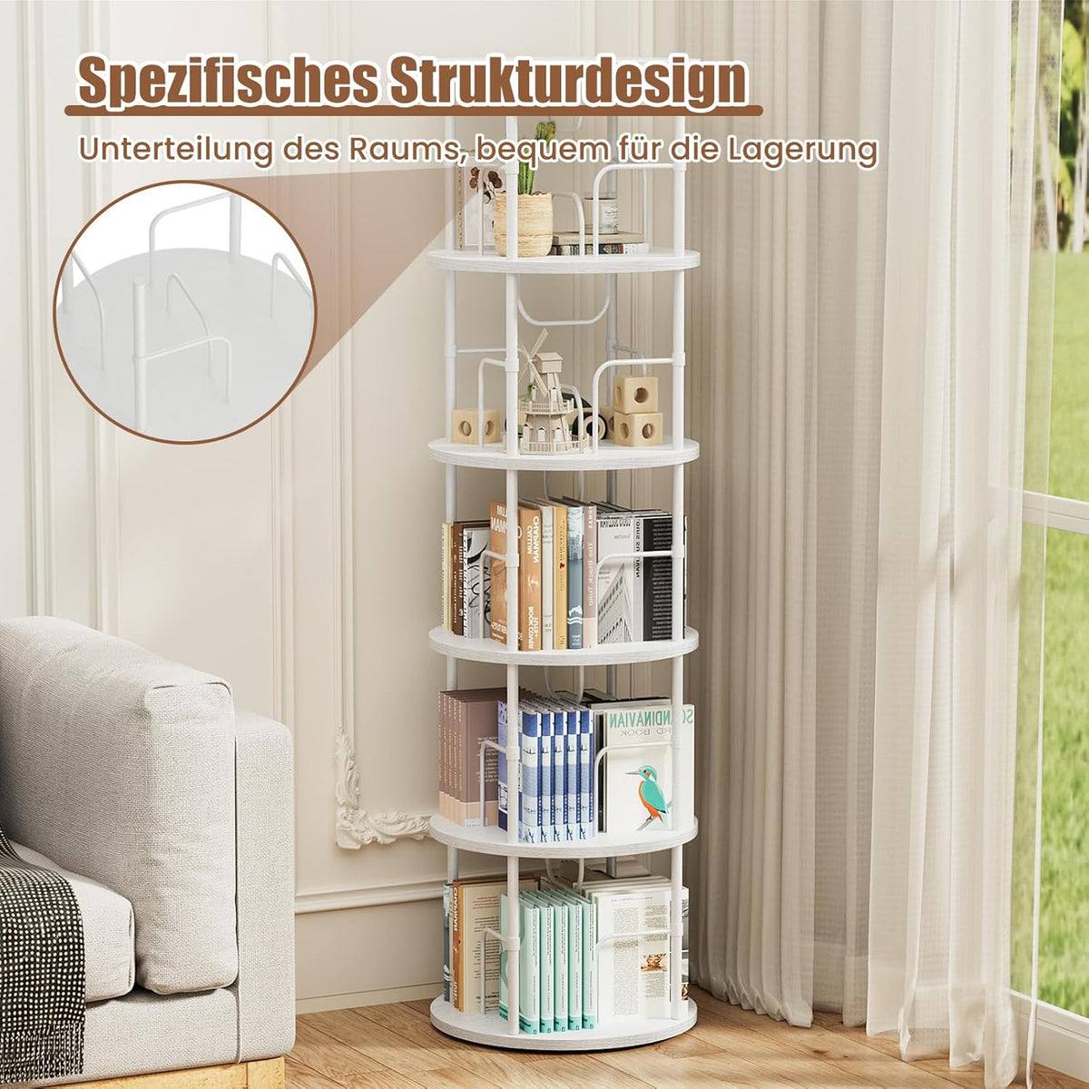 360° drehbares Bücherregal mit 5 Ebenen, Standregal aus MDF & Metall, rundes Regal für bis zu 100 Bücher