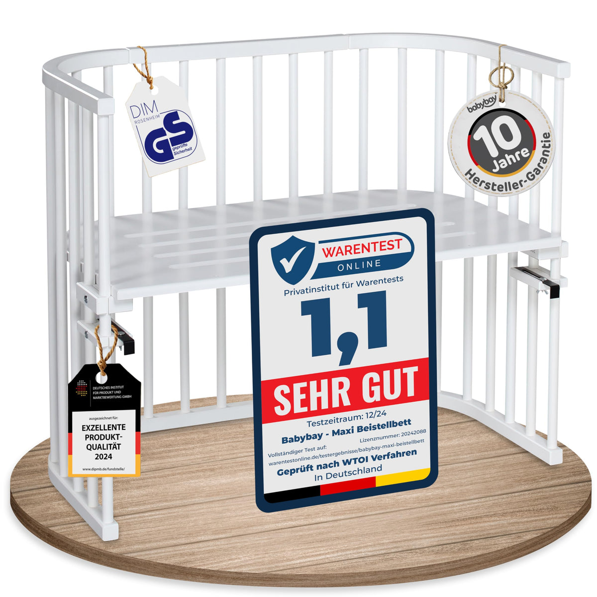 babybay Original Beistellbett aus massivem Buchenholz mit Matratze, höhenverstellbares Babybett für Neugeborene