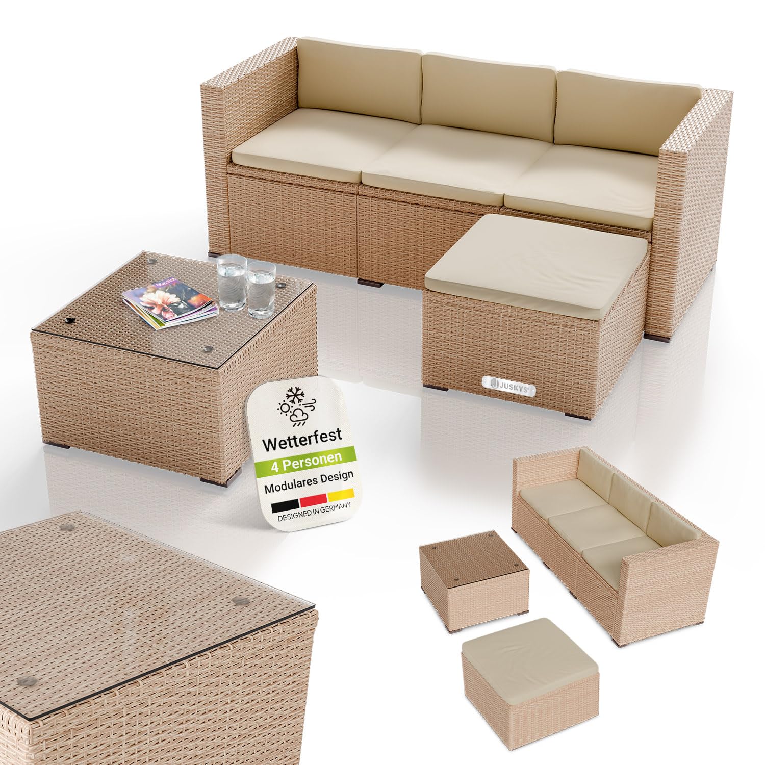 Juskys Polyrattan Lounge Set Punta Cana für 3–4 Personen – Gartenmöbel Set mit Sofa, Hocker, Tisch & Kissen
