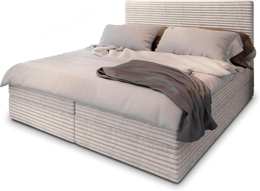 Masseno Boxspringbett PISA Creme mit Matratze & Topper, Polsterbett mit Bettkasten und gepolstertem Kopfteil