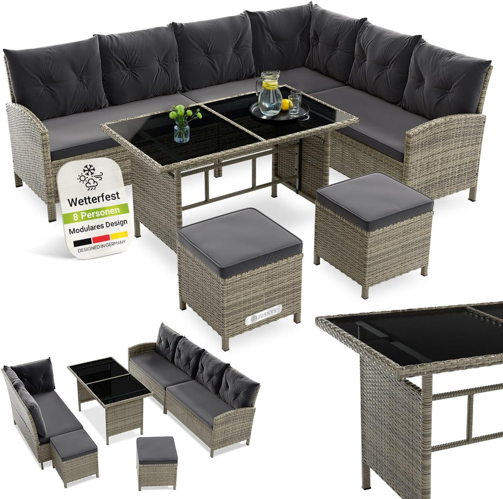 Juskys Gartenlounge Polyrattan Grau, Ecksofa mit Tisch & 2 Hockern, Gartenmöbel Set für 7 Personen, wetterfest