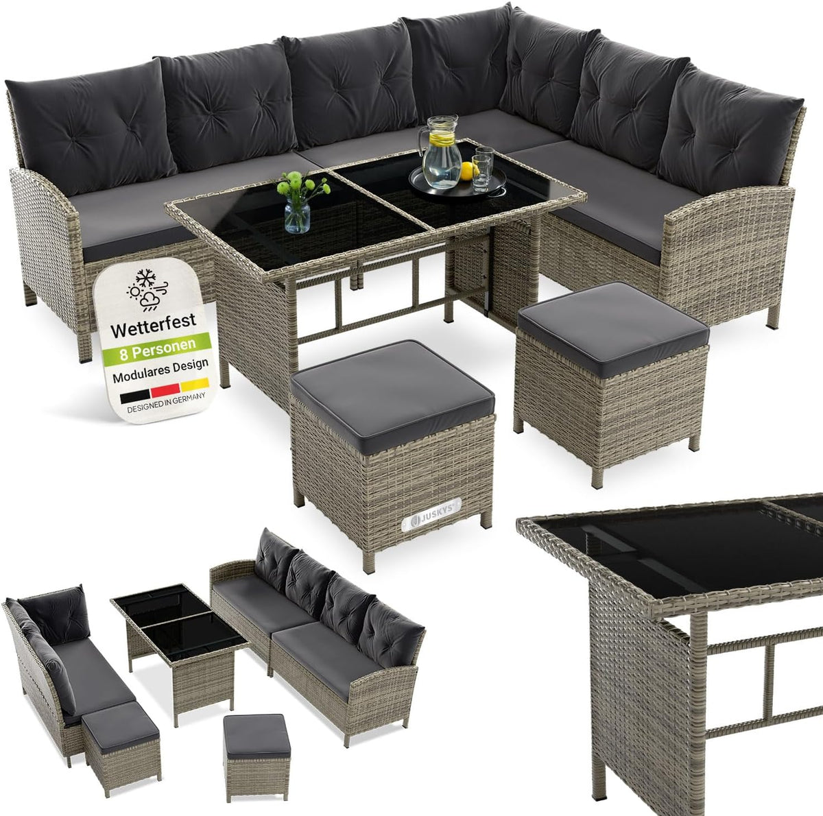 Juskys Gartenlounge Polyrattan Grau, Ecksofa mit Tisch & 2 Hockern, Gartenmöbel Set für 7 Personen, wetterfest