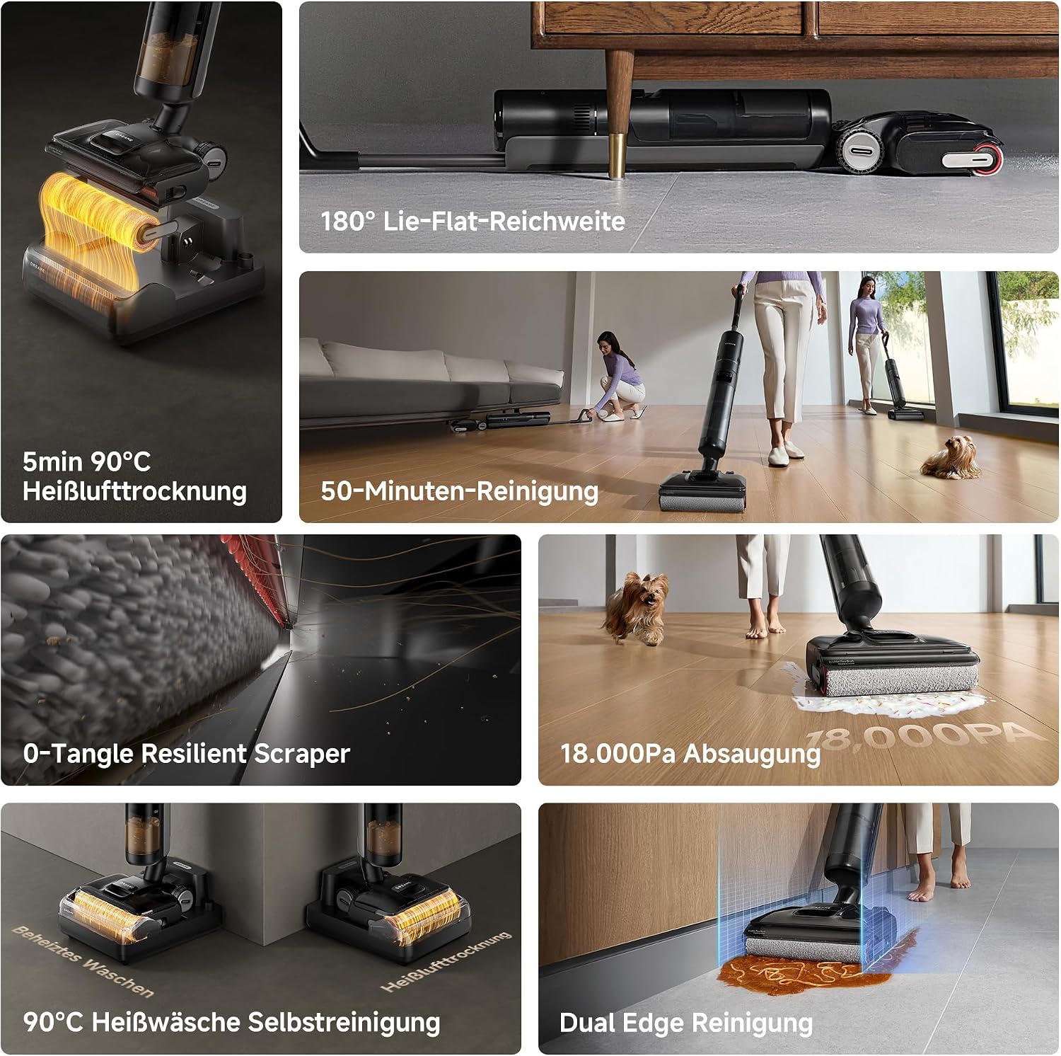 dreame H12 Pro FlexReach Nass- und Trockensauger, Flaches 180°-Design, Trocknung in 5 Minuten, 18.000 Pa Saugkraft, 90 °C Heißwäsche